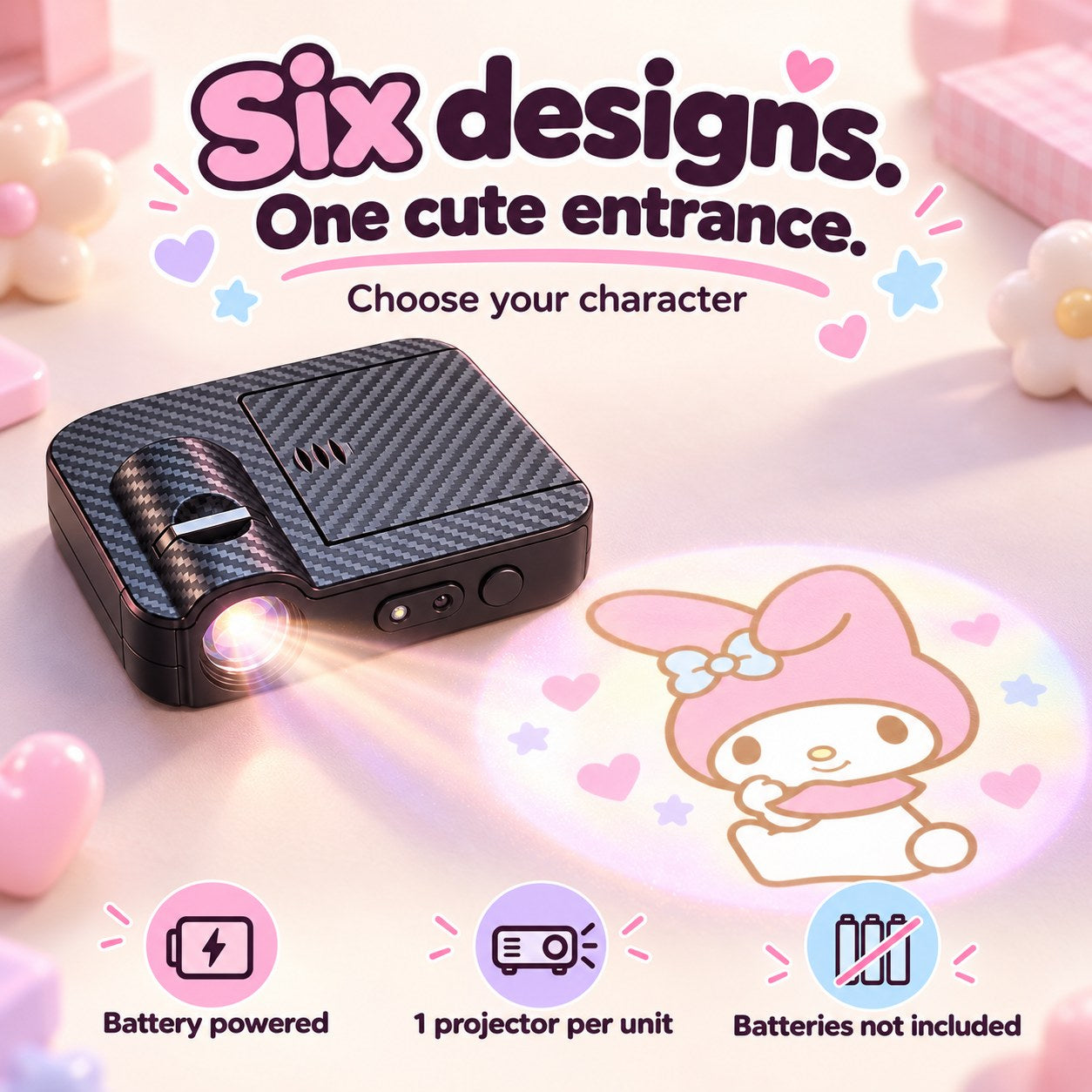 Six designs; one projector per unit; battery powered; batteries not included