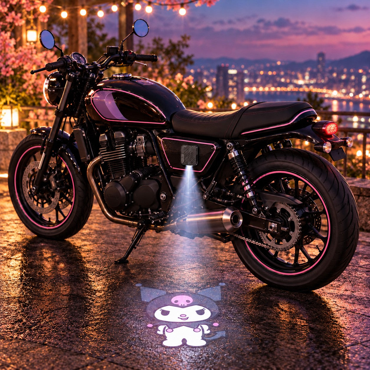 Kuromi projected beside a black and purple motorcycle at dusk